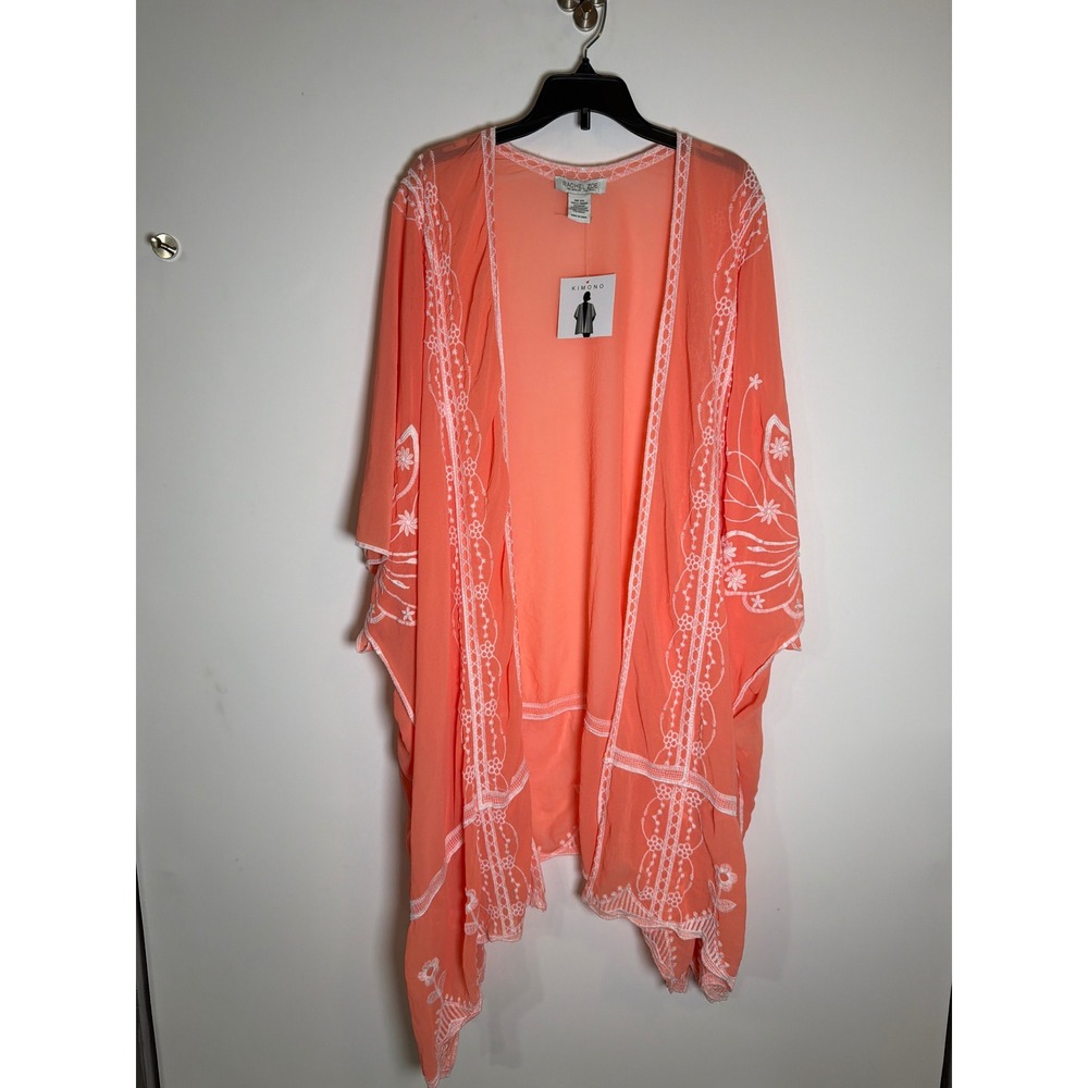 Rachel Zoe Coral Orange Embroidered Kimono Wrap One Size Boho Floral Sheer New